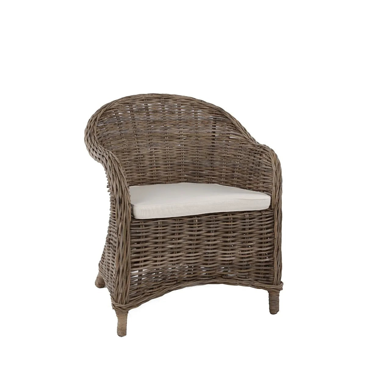 Southern French Arm Chair: brown woven rattan with a light cream cushion.