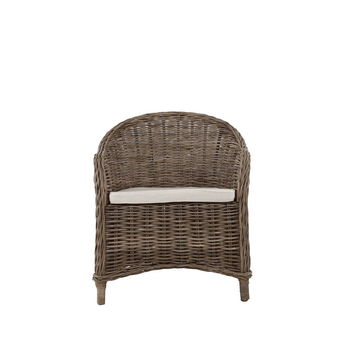 Southern French Arm Chair, natural rattan with light cushion, 25"L x 22"W x 32.5"H.