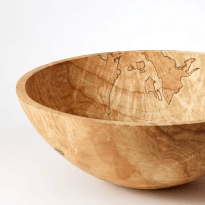 18" spalted maple wood bowl with unique dark fungal patterns and natural wood grain.