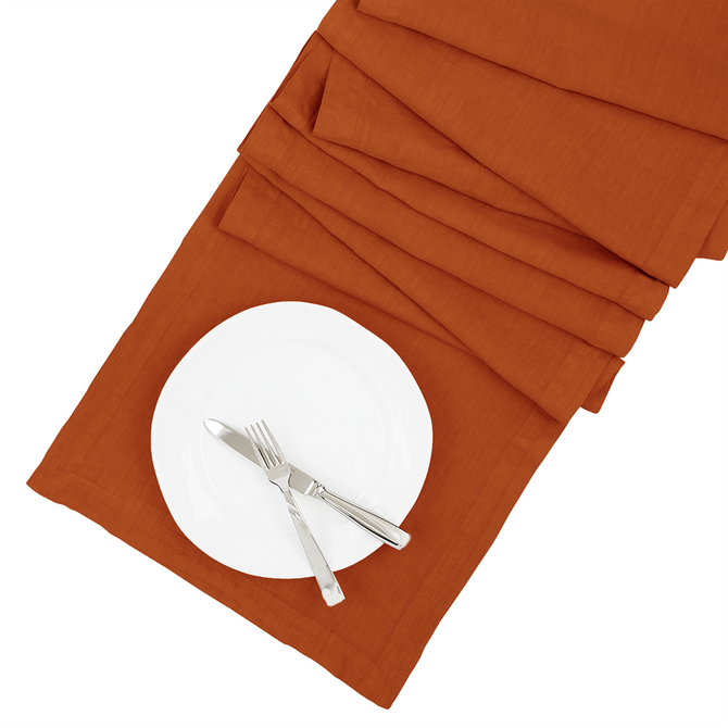 Spice HG Hand-dyed Linen Table Runner, 18"x108", with white plate and silverware.