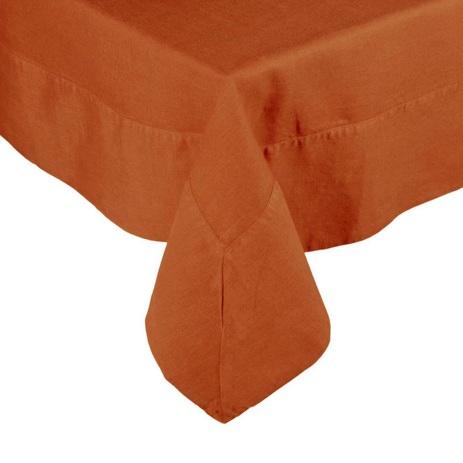 Spice HG Hand-dyed Linen Tablecloth, 70"L x 108"W, with mitered corner detailing.