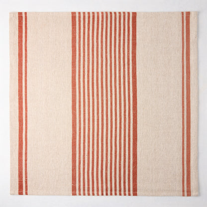 Spice Orange Boat Stripe Natural Napkin, 22" square, woven cotton-linen with orange stripes on a beige base.