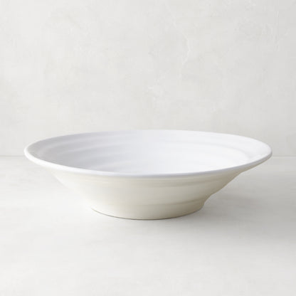 White ceramic flared serve bowl with subtle spiral texture, 15.5" diameter, handmade in Italy.