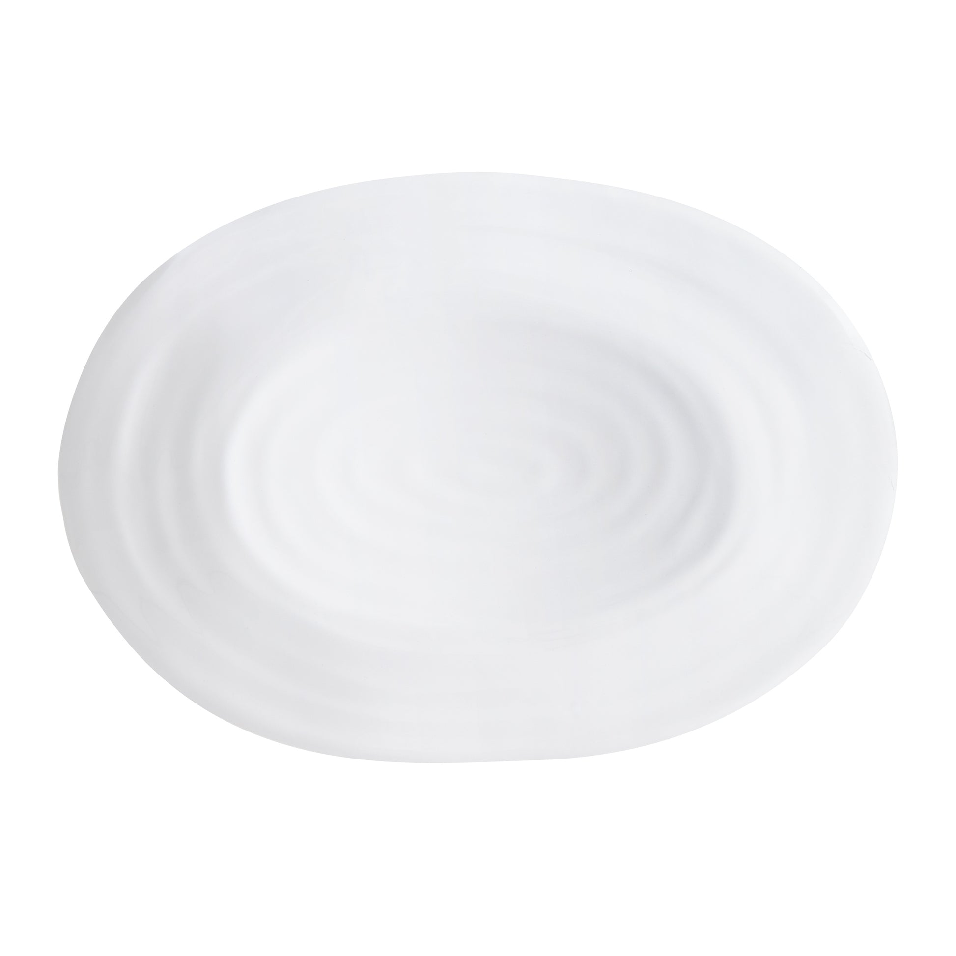 White ceramic oval serving platter with a subtle spiral design and modern coupe edge.