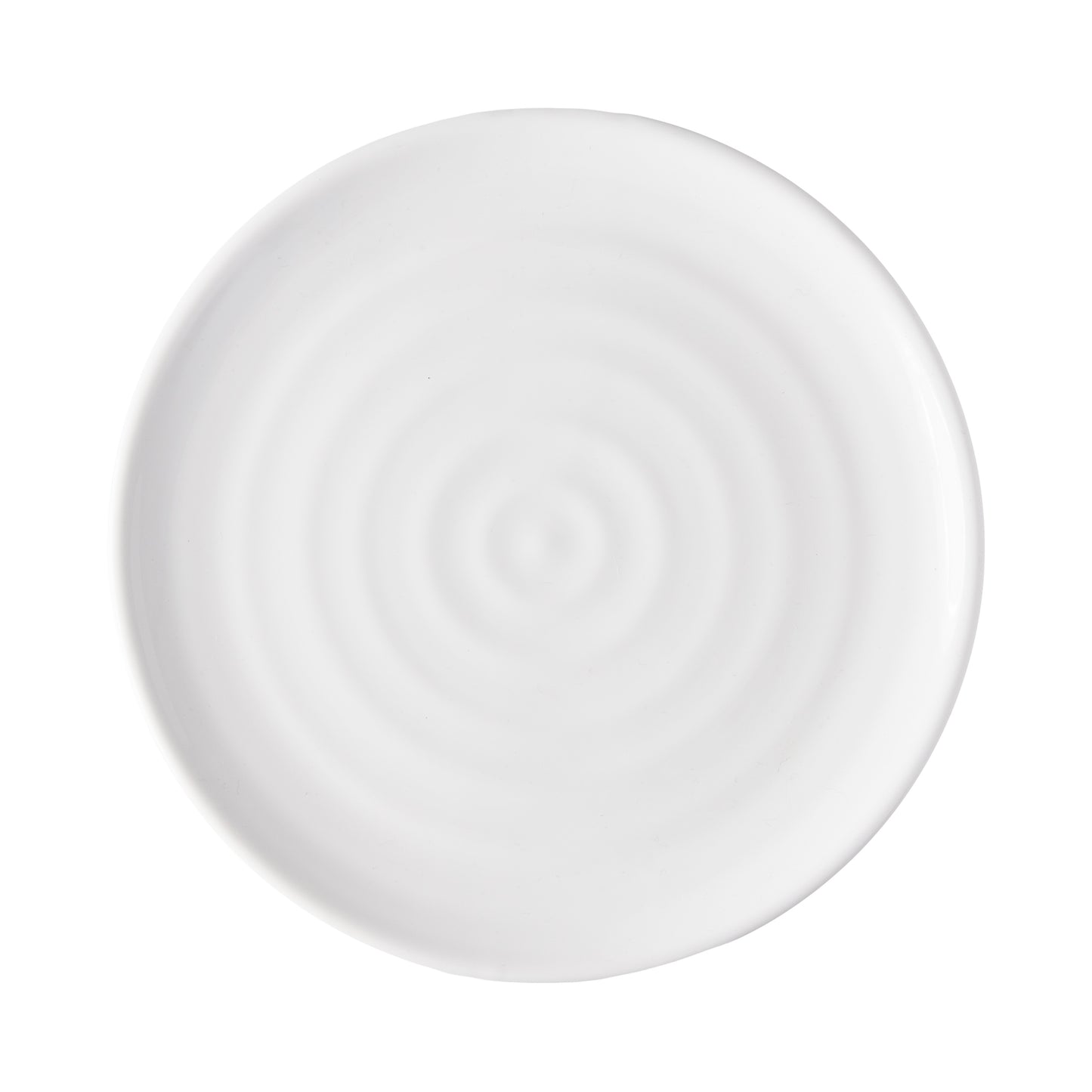 White ceramic 9" Spiral Salad Plate with subtle concentric rings, handmade in Italy.