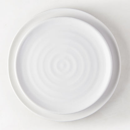 White ceramic spiral salad plate, 9" diameter, handmade in Italy.