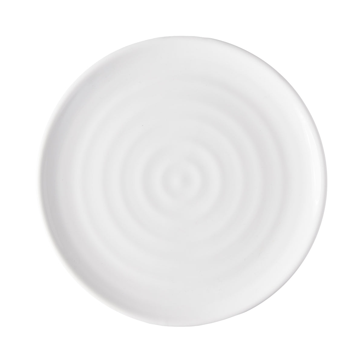 White ceramic 9" Spiral Salad Plate with subtle concentric rings, handmade in Italy.