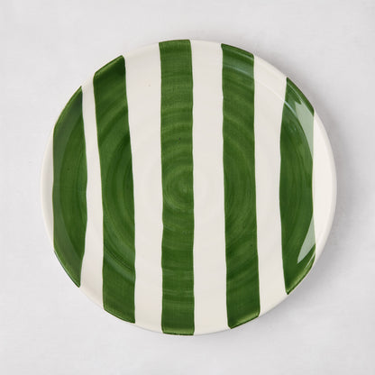 Handmade Italian ceramic salad plate with bold green and white vertical stripes.