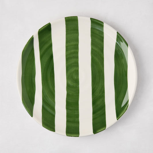 Handmade Italian ceramic salad plate with bold green and white vertical stripes.