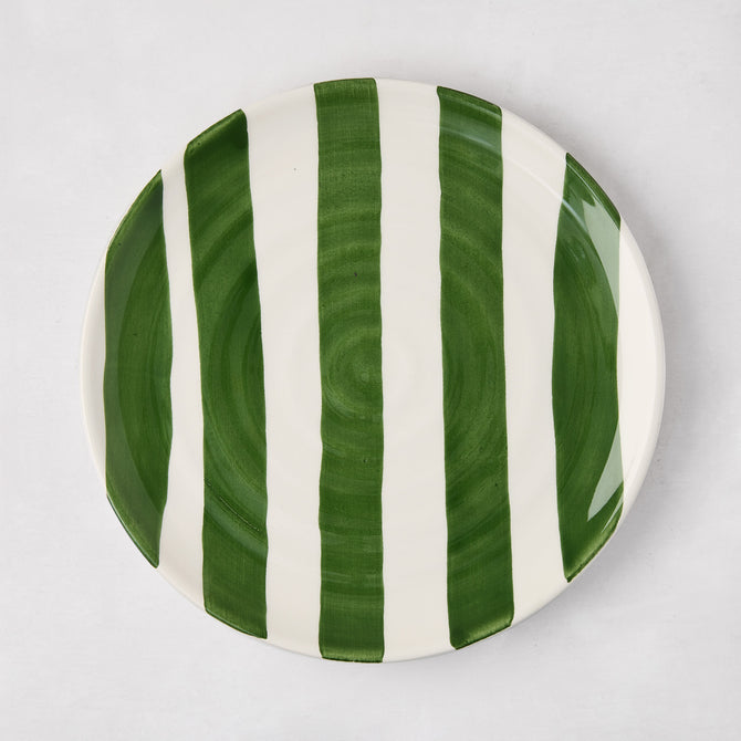 Handmade Italian ceramic salad plate with bold green and white vertical stripes.