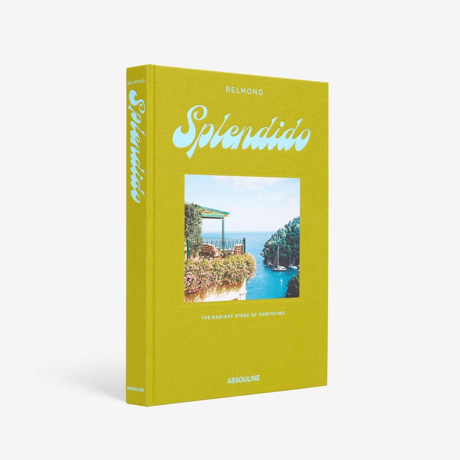Splendido Portofino coffee table book, chartreuse hardcover, 13"L x 10"W, with seaside hotel image.