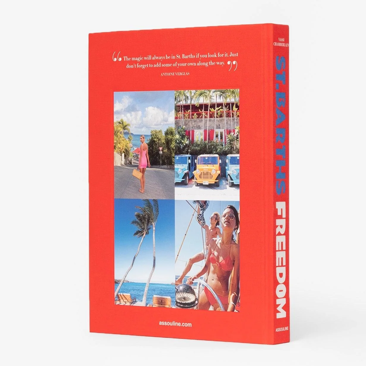 Red linen hardcover book, "St. Barths Freedom," with island photos and white text.