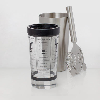 Stainless steel Boston cocktail shaker set with a mixing glass featuring printed recipes and a black rubber rim.