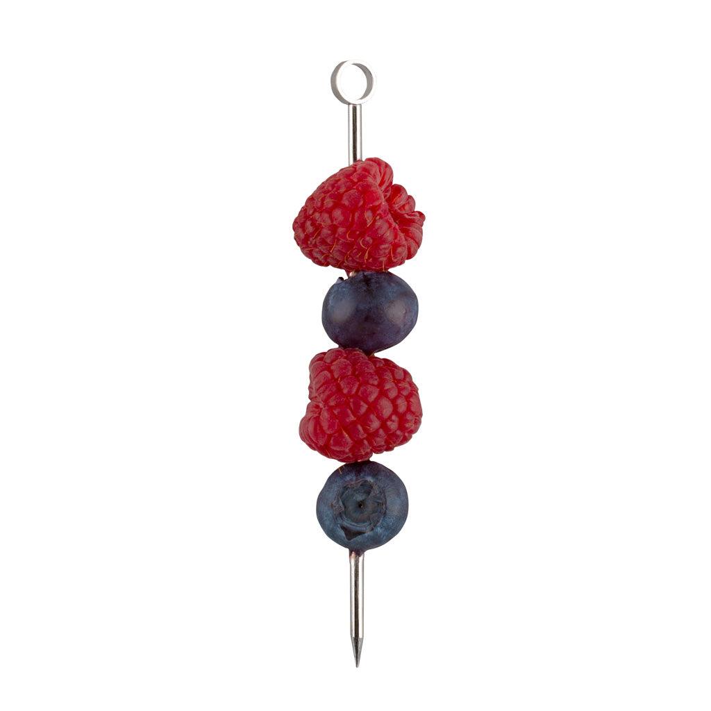 Stainless steel cocktail pick, 3.75"L, holding two red raspberries and two blue blueberries.