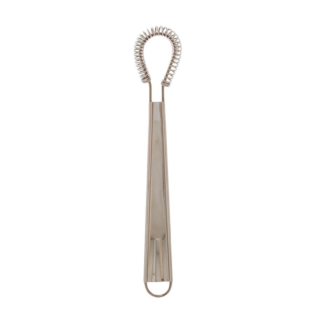 Stainless steel mini whisk, 8" long, with a coiled spring head and flat handle.