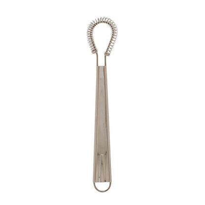 Stainless steel mini whisk, 8" long, with a coiled spring head and flat handle.