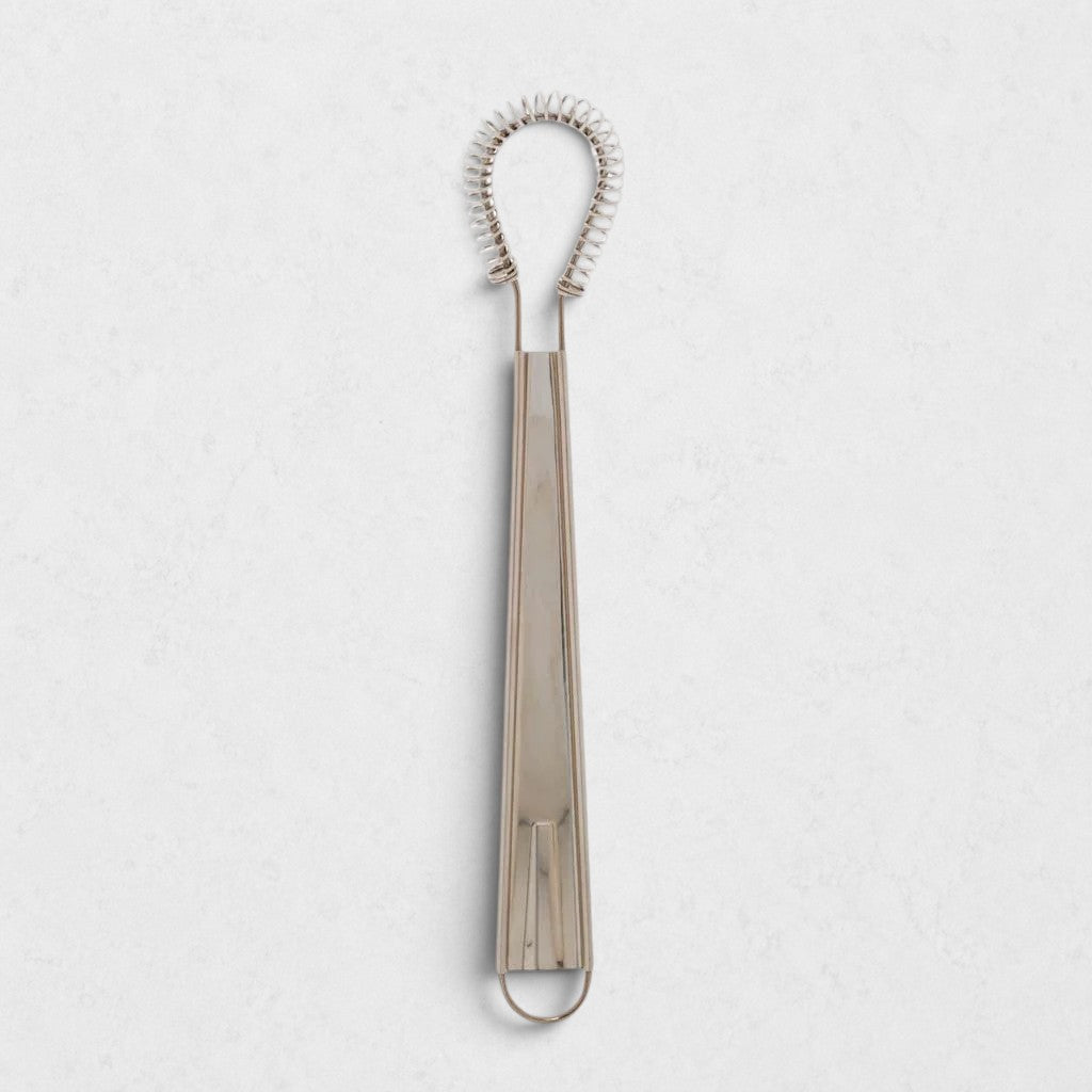 Stainless steel 8"L x 2"W mini whisk with a coiled spring head and loop handle.