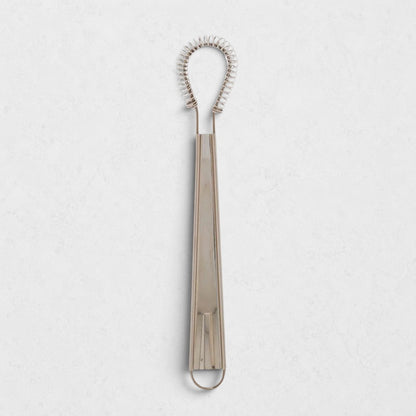 Stainless steel 8"L x 2"W mini whisk with a coiled spring head and loop handle.