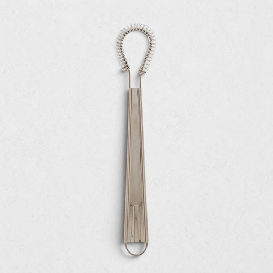 Stainless steel 8"L x 2"W mini whisk with a coiled spring head and loop handle.