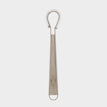 Stainless steel 8"L x 2"W mini whisk with a coiled spring head and loop handle.