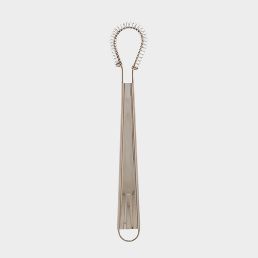 Stainless steel 8"L x 2"W mini whisk with a coiled spring head and loop handle.