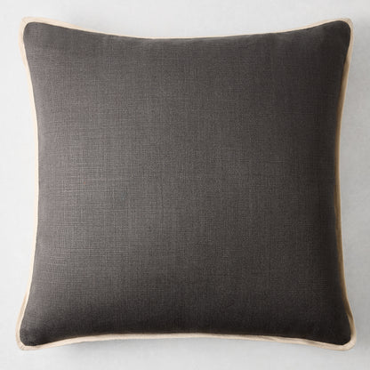 22-inch square steel grey Belgian linen pillow with a contrasting beige flange border.