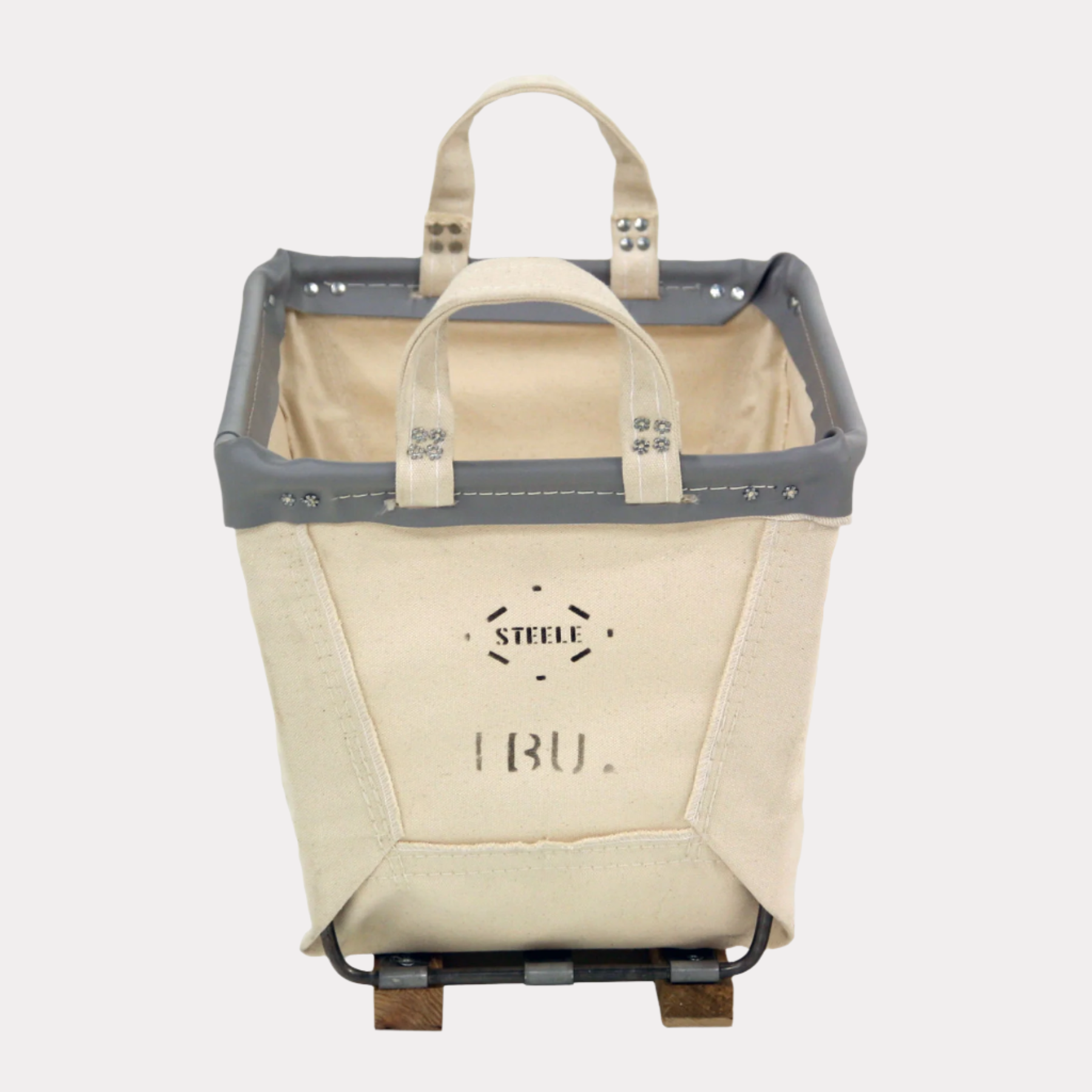 Steele 1-Bushel Canvas Carry Basket with wood runners, steel frame, and gray trim.