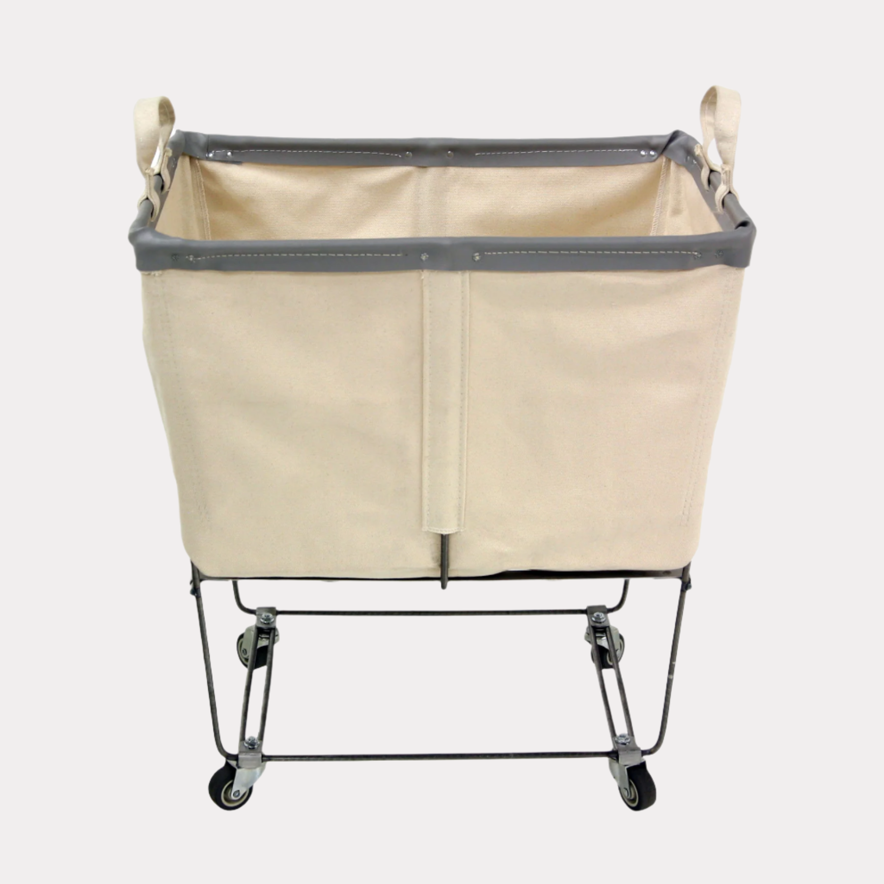 Steele 3-Bushel Canvas Elevated Rolling Laundry Hamper, natural canvas with gray trim, steel frame, casters.