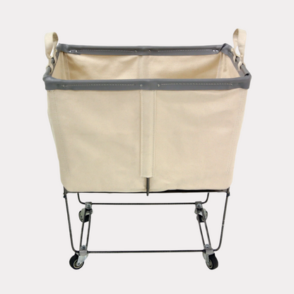 Steele 3-Bushel Canvas Elevated Rolling Laundry Hamper, natural canvas with gray trim, steel frame, casters.