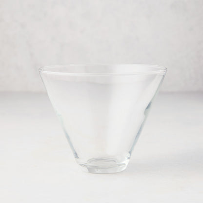 Hudson Grace Stemless Martini Glass, clear glass, conical top, wide brim, 8 oz. capacity.