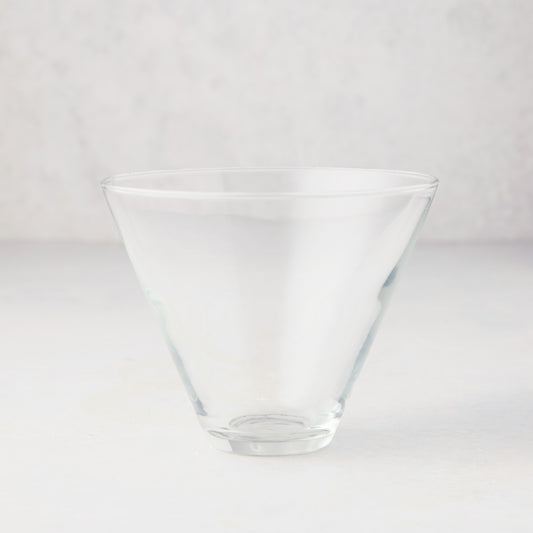 Hudson Grace Stemless Martini Glass, clear glass, conical top, wide brim, 8 oz. capacity.