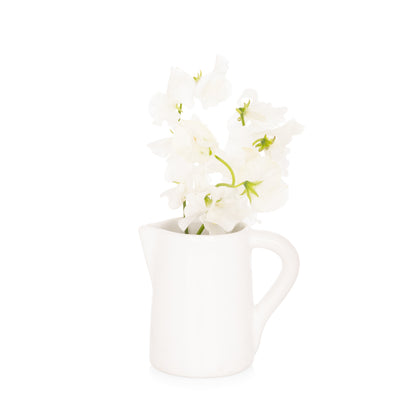 Small white ceramic pitcher with handle and spout, holding white sweet pea flowers.
