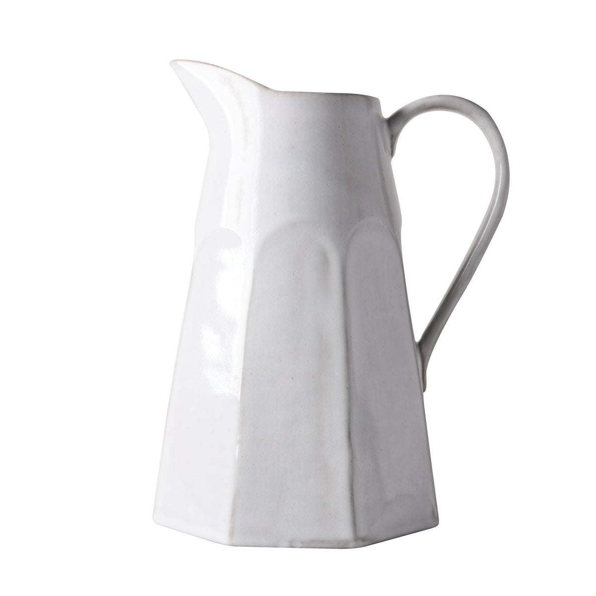 Stone grey hand-glazed terracotta pitcher with a textured finish and faceted design.