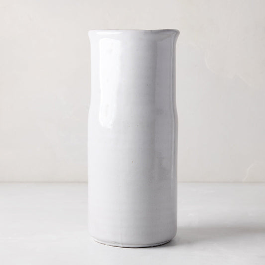 Stone grey water jug/pitcher, 10" high, hand-glazed terracotta, cool grey-white hue.
