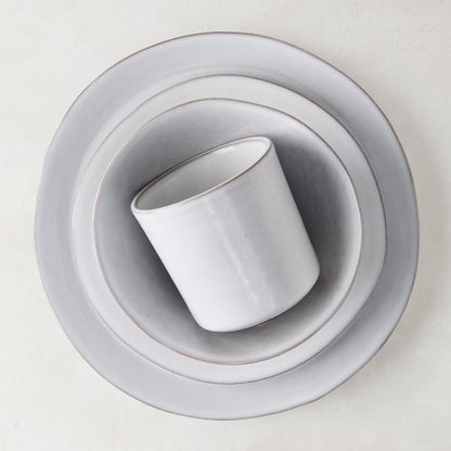Stone grey hand-glazed terracotta dinner plate, salad plate, bowl, and mug set.