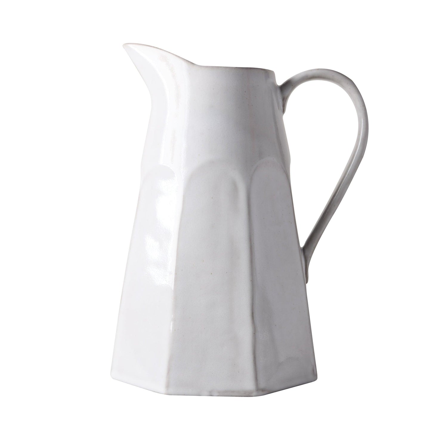 Stone grey hand-glazed terracotta pitcher with a textured finish and faceted design.