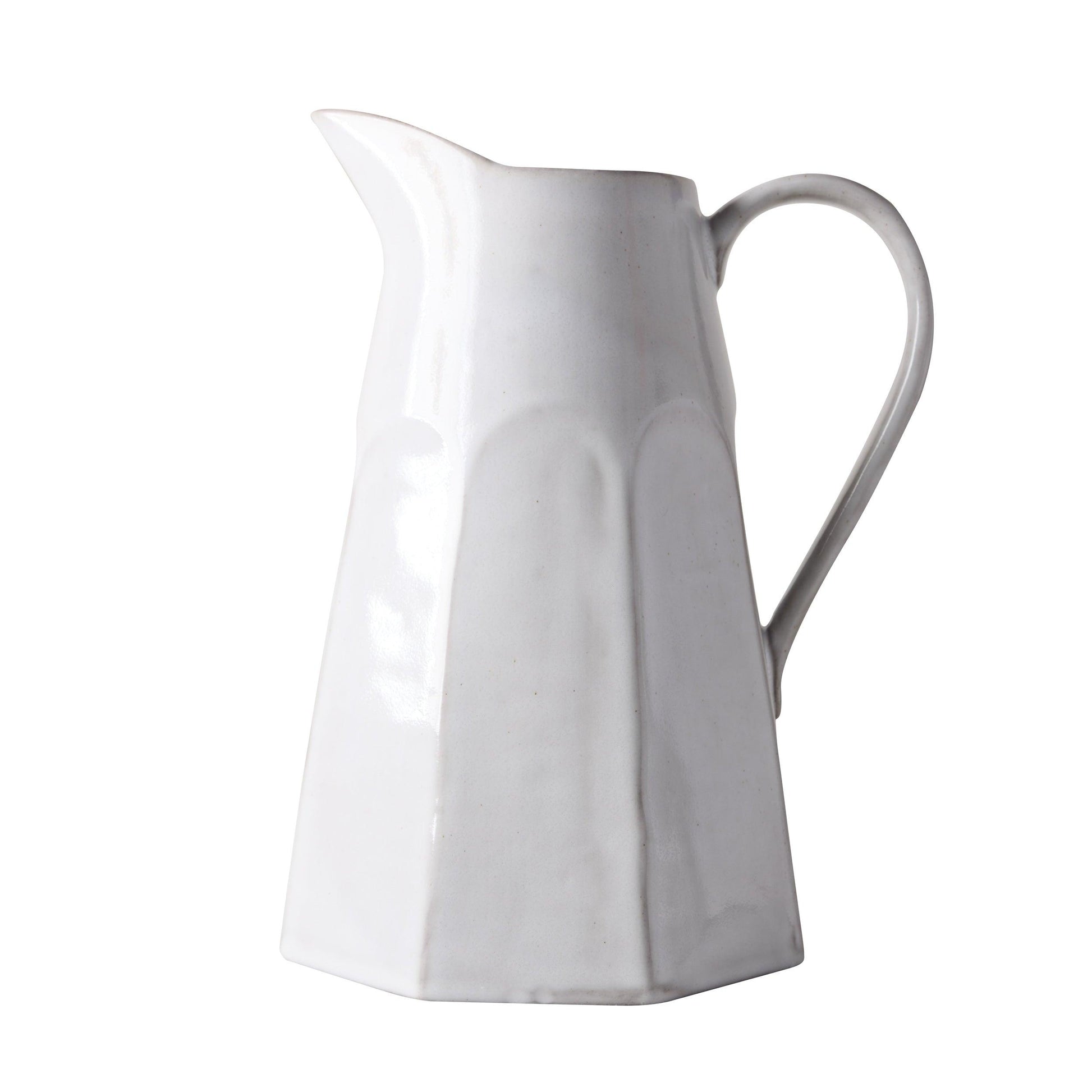 Stone grey hand-glazed terracotta pitcher with a textured finish and faceted design.