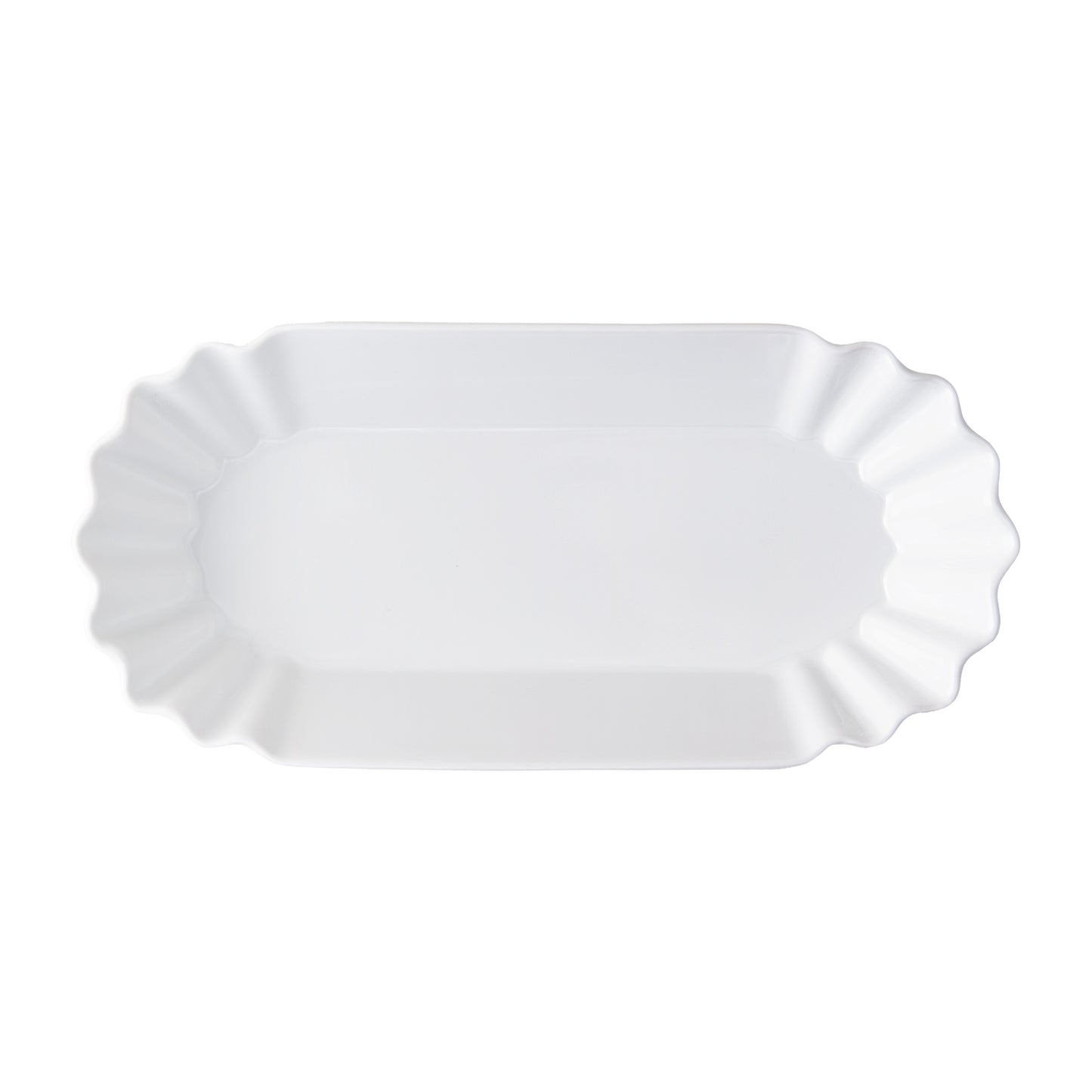 White Melamine Street Eats Hot Dog Holder, 9"L x 4"W, with scalloped edges.