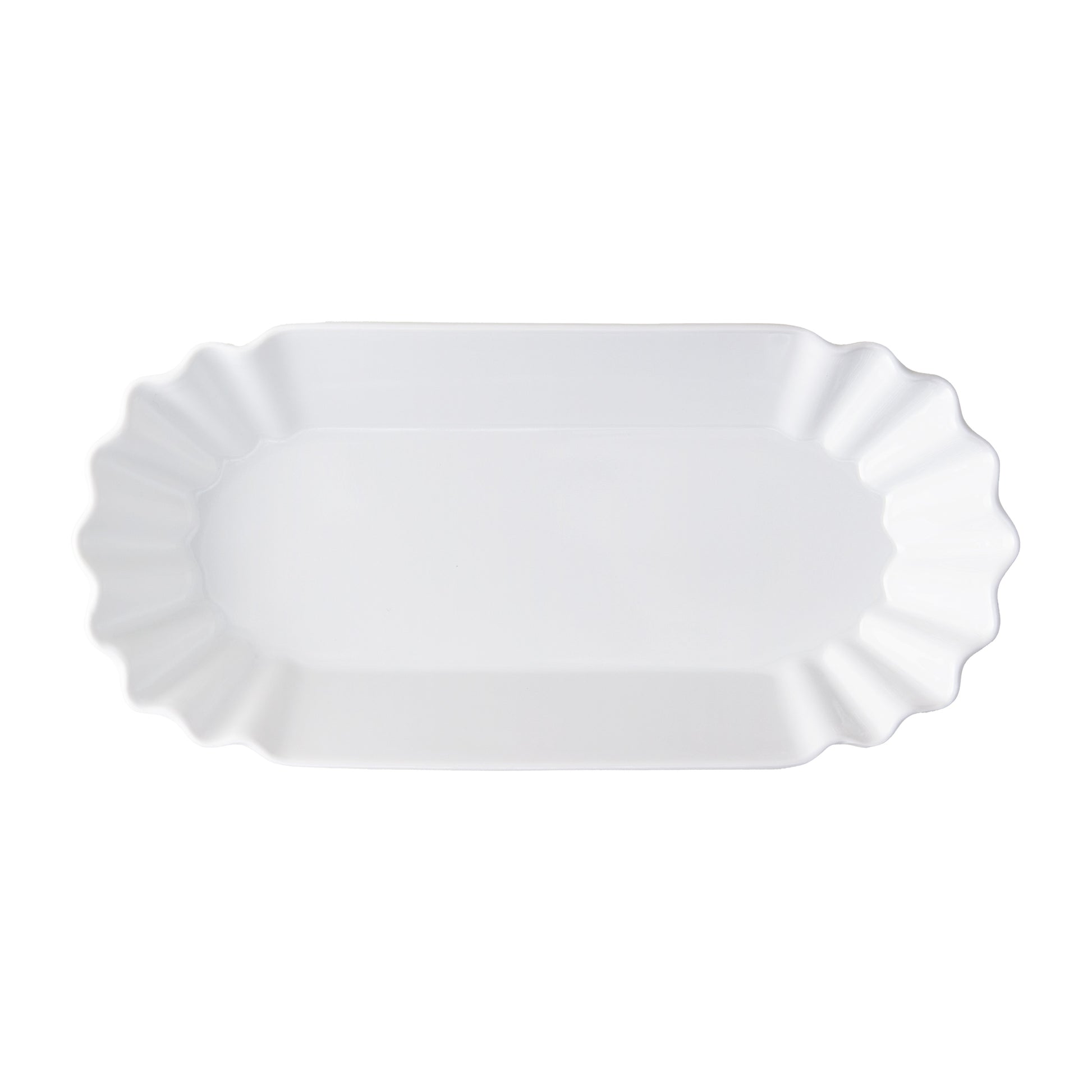 White Melamine Street Eats Hot Dog Holder, 9"L x 4"W, with scalloped edges.