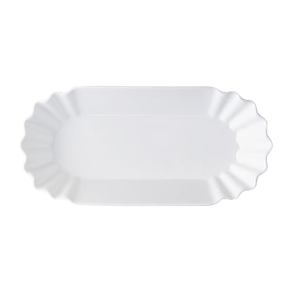 White Melamine Street Eats Hot Dog Holder, 9"L x 4"W, with scalloped edges.