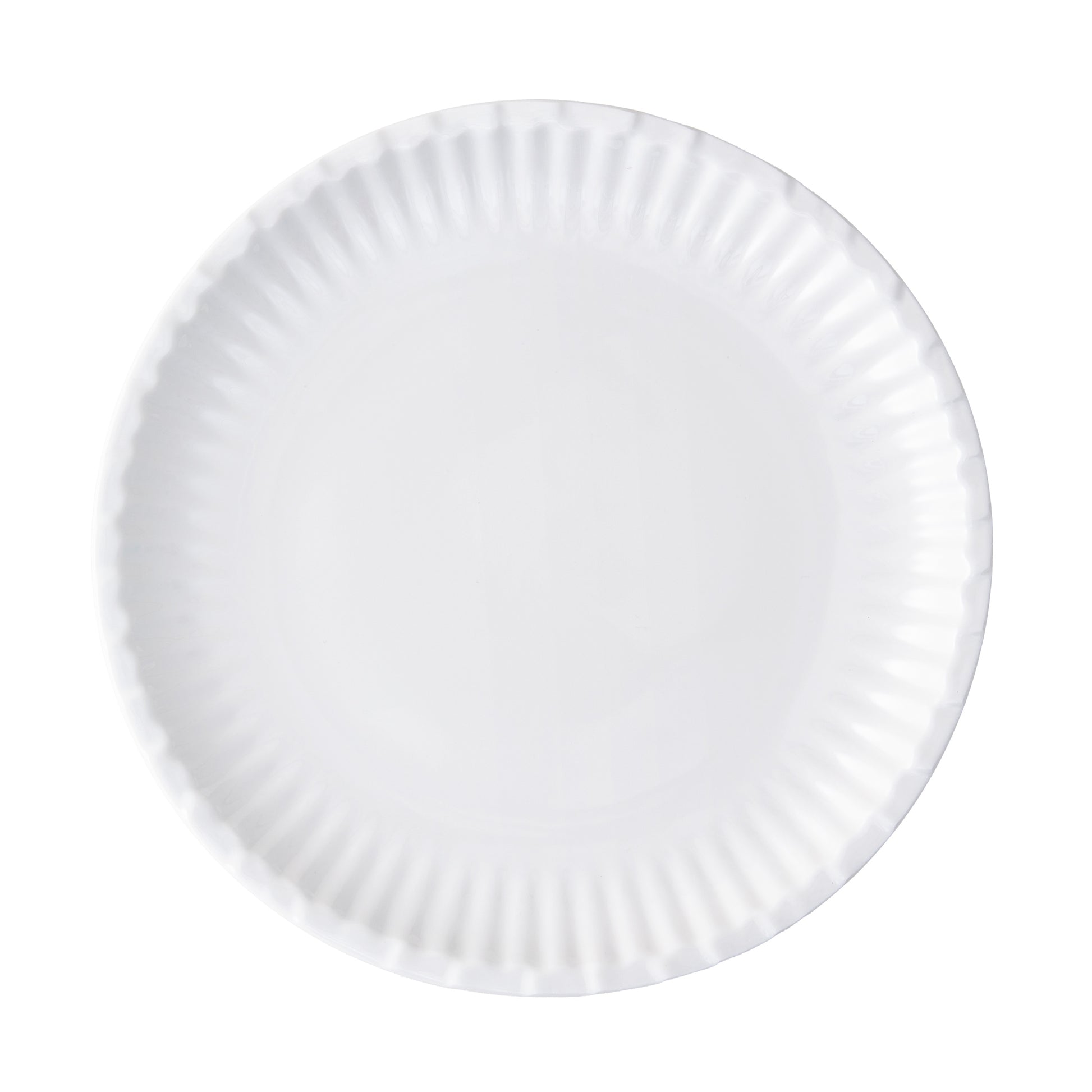 White 8.5" round Melamine Street Eats salad plate with a fluted rim, resembling a paper plate.