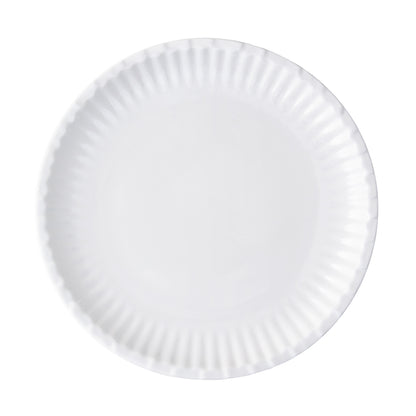 White 8.5" round Melamine Street Eats salad plate with a fluted rim, resembling a paper plate.