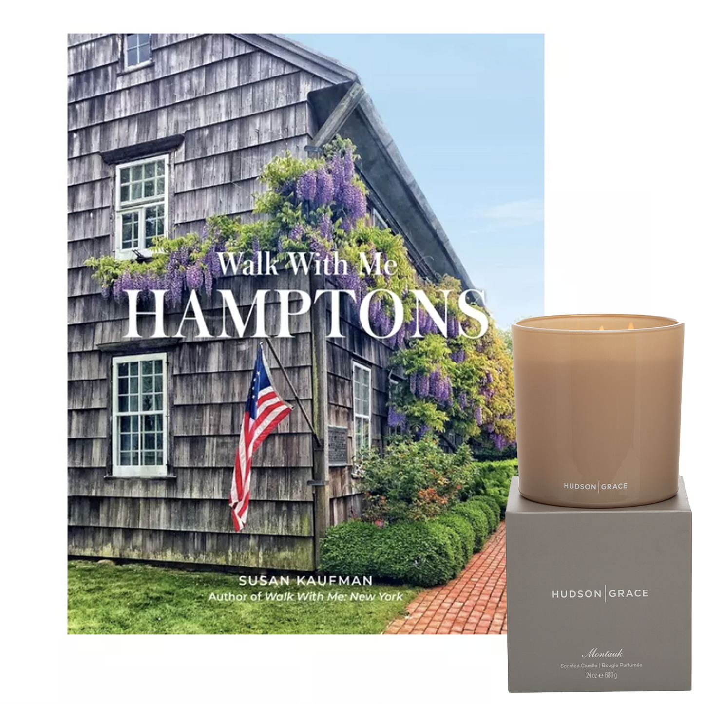 Summer in the Hamptons" gift set: "Walk With Me: Hamptons" book with a shingled house cover and a beige Montauk candle on a gray box.