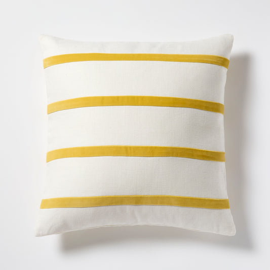 22" square Sun Yellow and Ivory Thin Velvet Stripe Pillow, custom made for Hudson Grace.