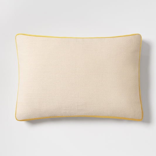 Sun yellow velvet and Belgian linen lumbar pillow with flange detail, 20x14 inches.