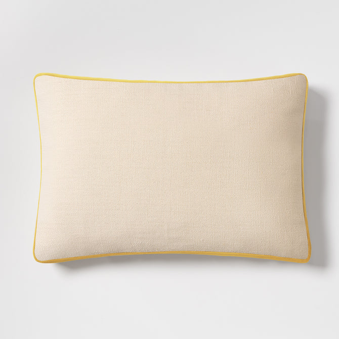 Sun yellow velvet and Belgian linen lumbar pillow with flange detail, 20x14 inches.