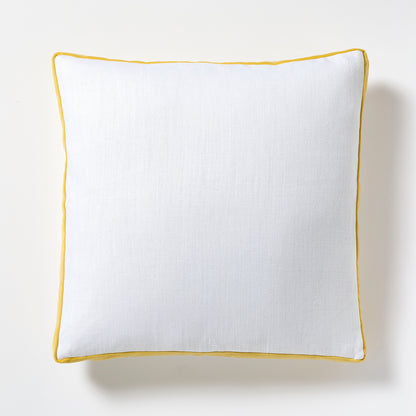White linen square pillow with sun yellow velvet gusseted trim.