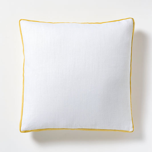 White linen square pillow with sun yellow velvet gusseted trim.
