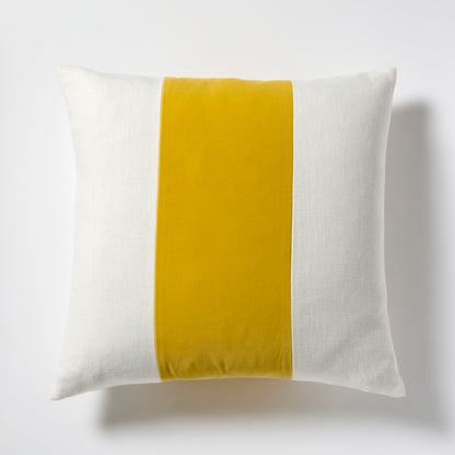 Sun Yellow Wide Velvet and Linen Stripe Pillow, 22" square, with a central yellow velvet stripe.
