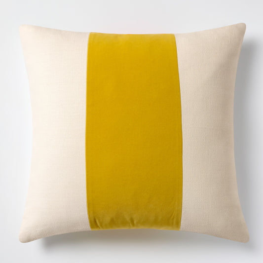 20x14 inch rectangular pillow with a wide sun yellow velvet center stripe on cream Belgian linen with a subtle flange.